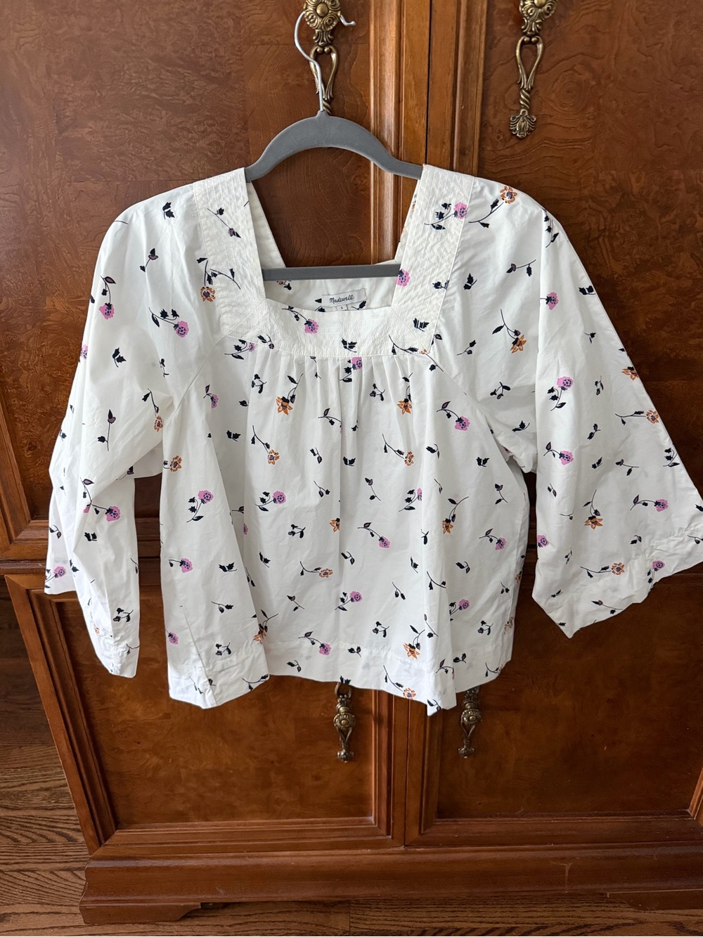 Madewell White Square-Neck Floral Blouse with Pink and Tan Blooms, poplin